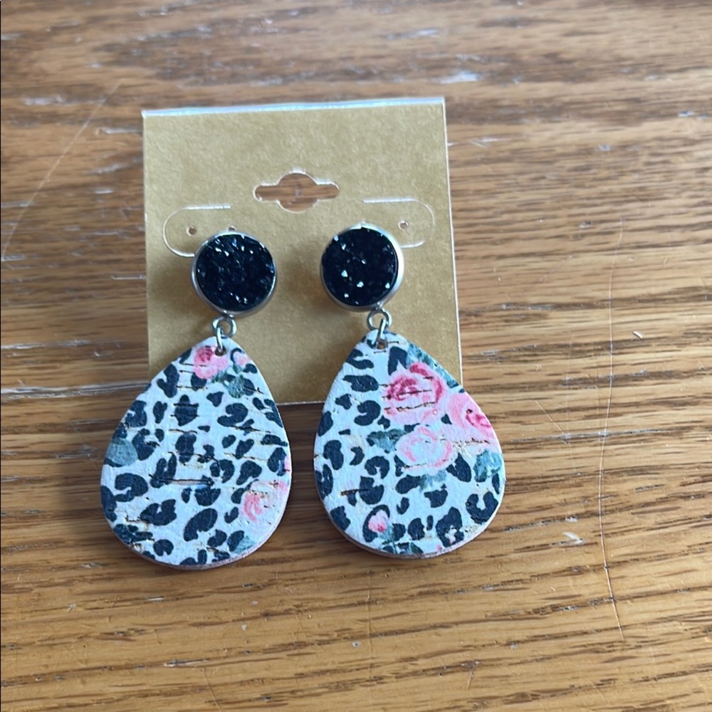 Leopard Print Teardrop Earrings with Black Studs
